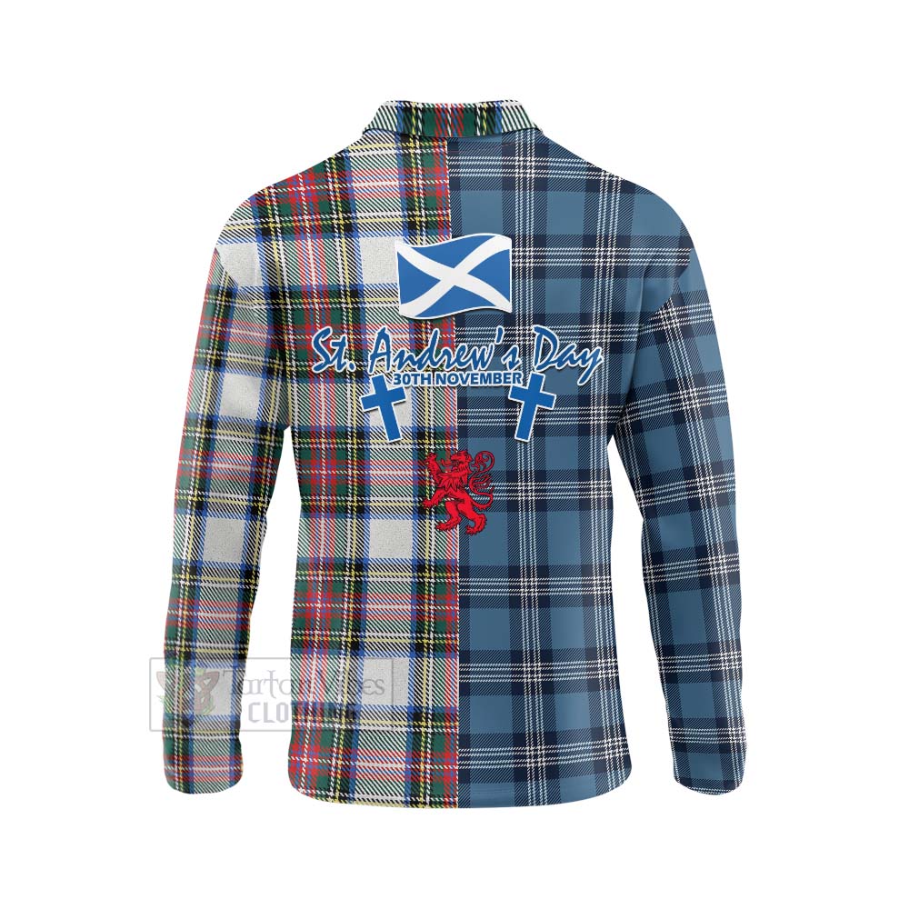 Tartan Vibes Clothing Dennistoun Tartan Long Sleeve Polo Shirt Happy St. Andrew's Day Half Tartan Style