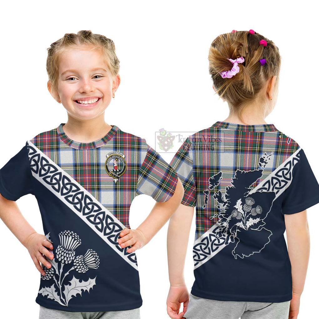 Tartan Vibes Clothing Dennistoun Tartan Kid T-Shirt Featuring Thistle and Scotland Map