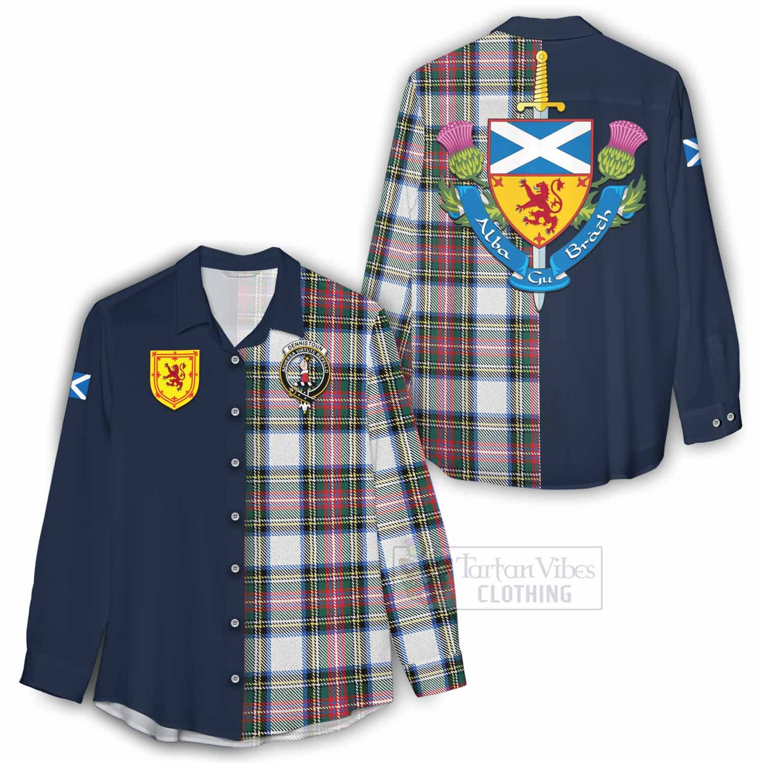 Tartan Vibes Clothing Dennistoun Tartan Women's Casual Shirt Alba with Scottish Lion Royal Arm Half Style