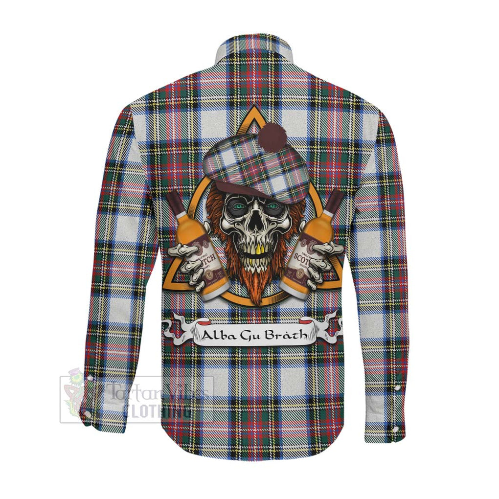 Tartan Vibes Clothing Dennistoun Tartan Long Sleeve Button Shirt with Family Crest and Bearded Skull Holding Bottles of Whiskey