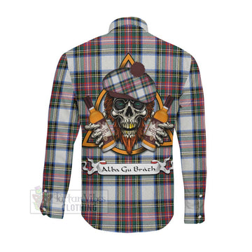 Dennistoun Tartan Long Sleeve Button Shirt with Family Crest and Bearded Skull Holding Bottles of Whiskey