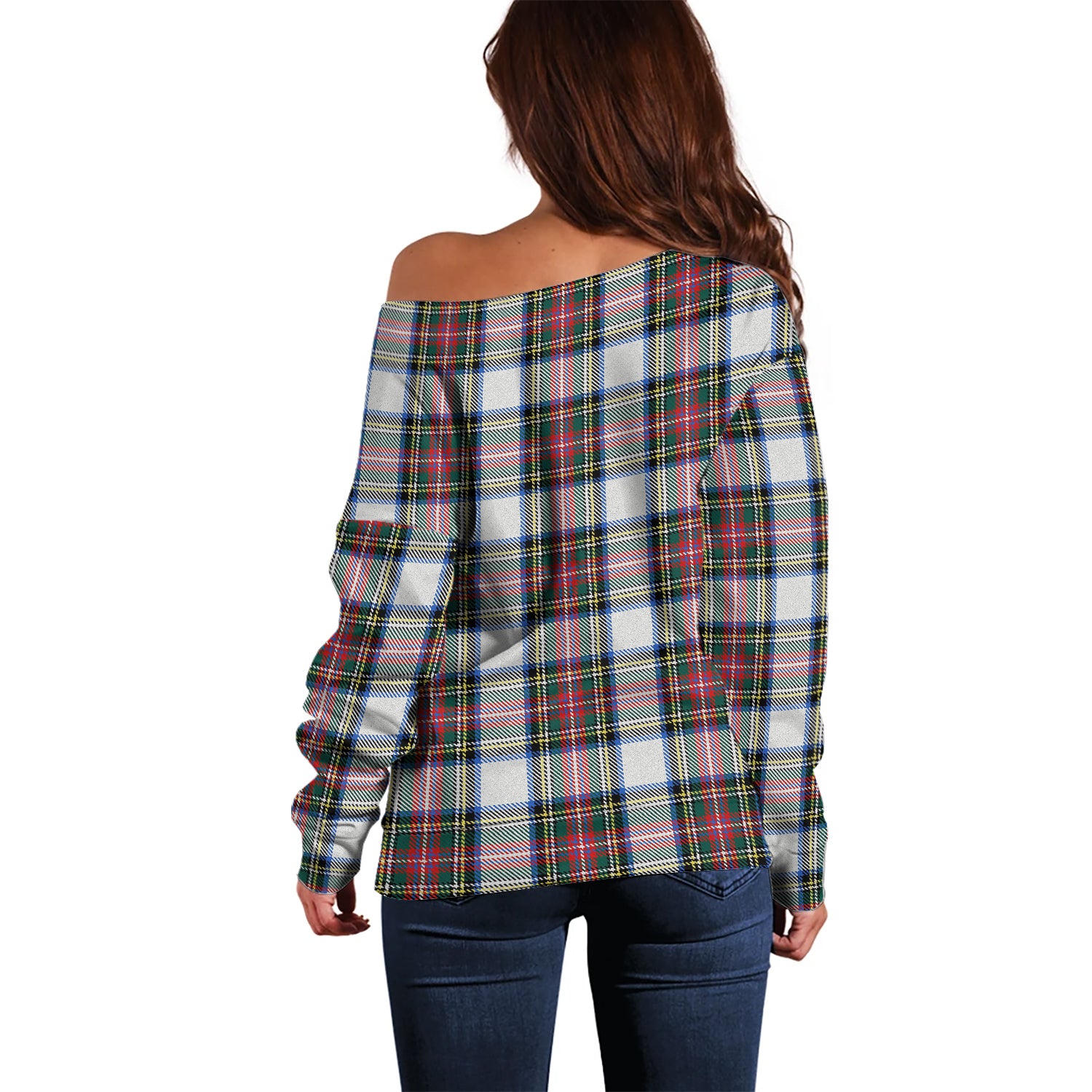 Dennistoun Tartan Off Shoulder Women Sweater with Family Crest - Tartanvibesclothing