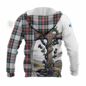 Dennistoun Tartan Knitted Hoodie with Family Crest and St. Andrew's Cross Accented by Thistle Vines - Tartan Vibes Clothing