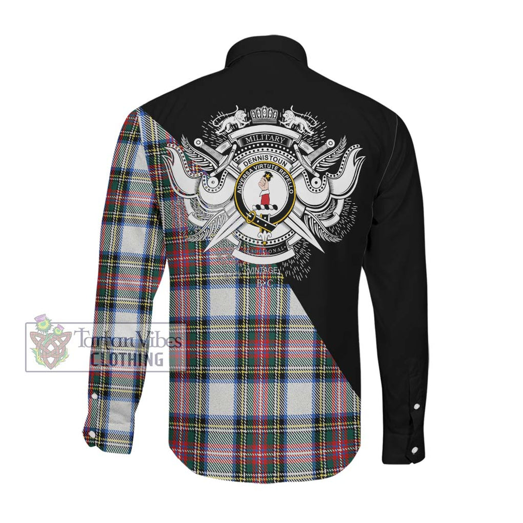 Dennistoun Tartan Long Sleeve Button Shirt with Family Crest and Military Logo Style Men's Shirt - Tartanvibesclothing Shop