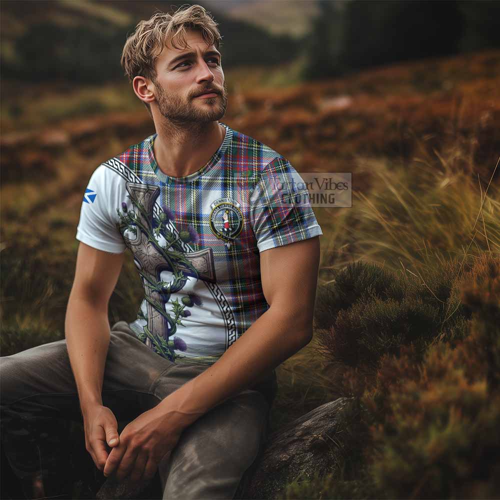 Tartan Vibes Clothing Dennistoun Agnew Tartan T-Shirt with Family Crest and St. Andrew's Cross Accented by Thistle Vines