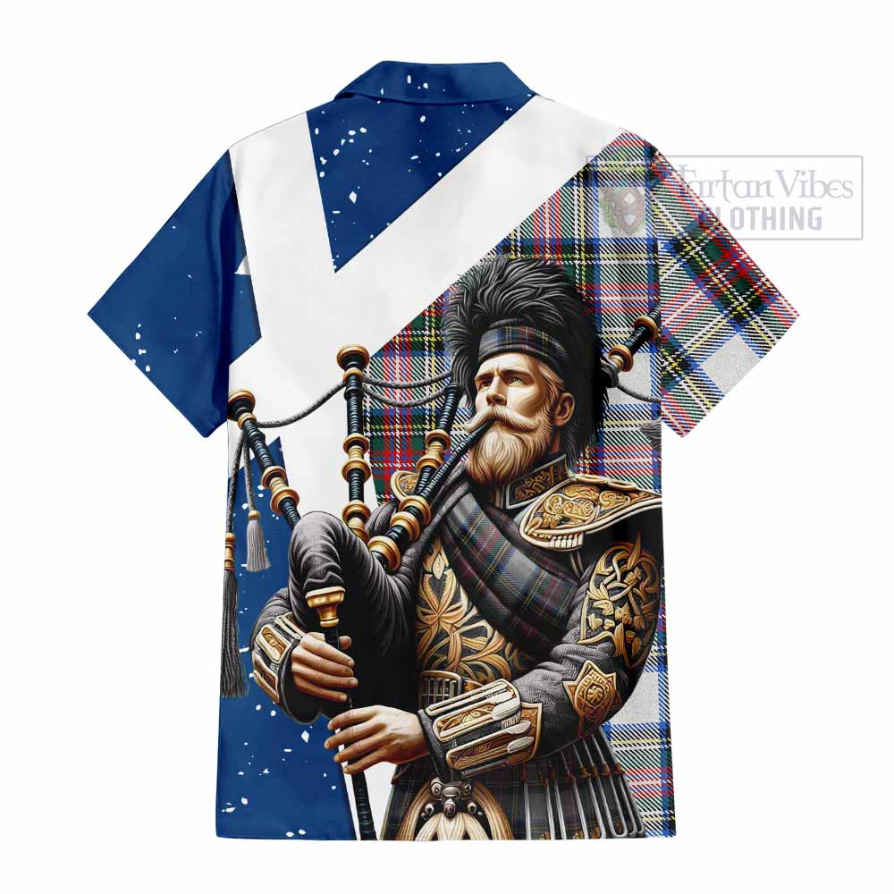 Tartan Vibes Clothing Dennistoun Tartan Short Sleeve Button Shirt with Family Crest Scottish Bagpiper Vibes