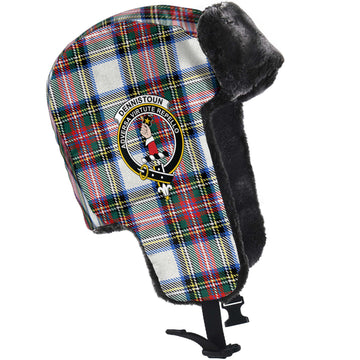 Dennistoun Tartan Winter Trapper Hat with Family Crest