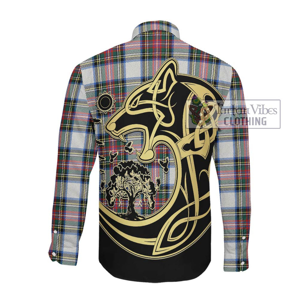 Dennistoun Tartan Long Sleeve Button Shirt with Family Crest Celtic Wolf Style Men's Shirt - Tartan Vibes Clothing