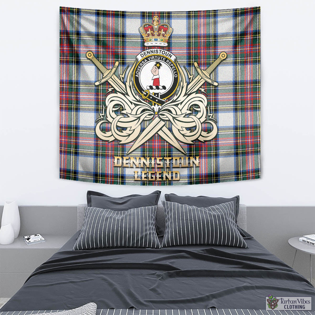 Tartan Vibes Clothing Dennistoun Tartan Tapestry with Clan Crest and the Golden Sword of Courageous Legacy