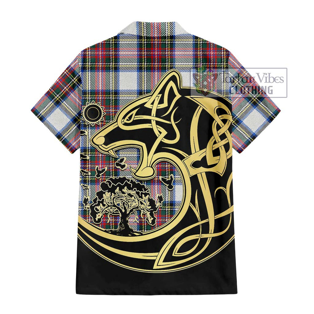 Dennistoun Tartan Short Sleeve Button Shirt with Family Crest Celtic Wolf Style - Tartan Vibes Clothing