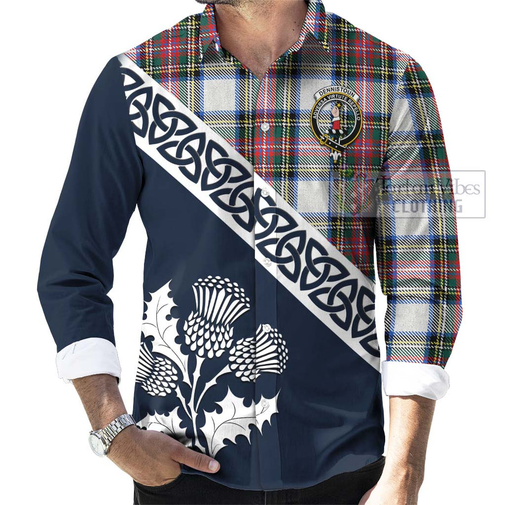 Tartan Vibes Clothing Dennistoun Tartan Long Sleeve Button Shirt Featuring Thistle and Scotland Map