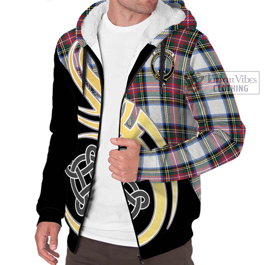 Dennistoun Tartan Sherpa Hoodie with Family Crest and Celtic Symbol Style - Tartan Vibes Clothing