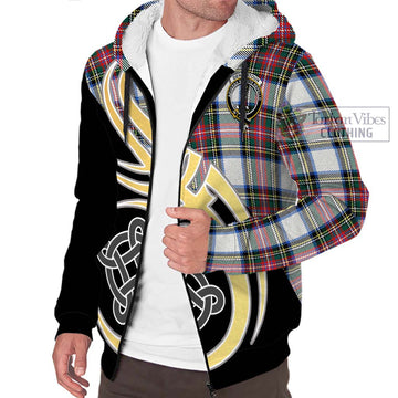 Dennistoun Tartan Sherpa Hoodie with Family Crest and Celtic Symbol Style