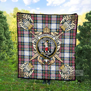 Dennistoun Tartan Quilt with Family Crest and Scottish Golden Courage Shield