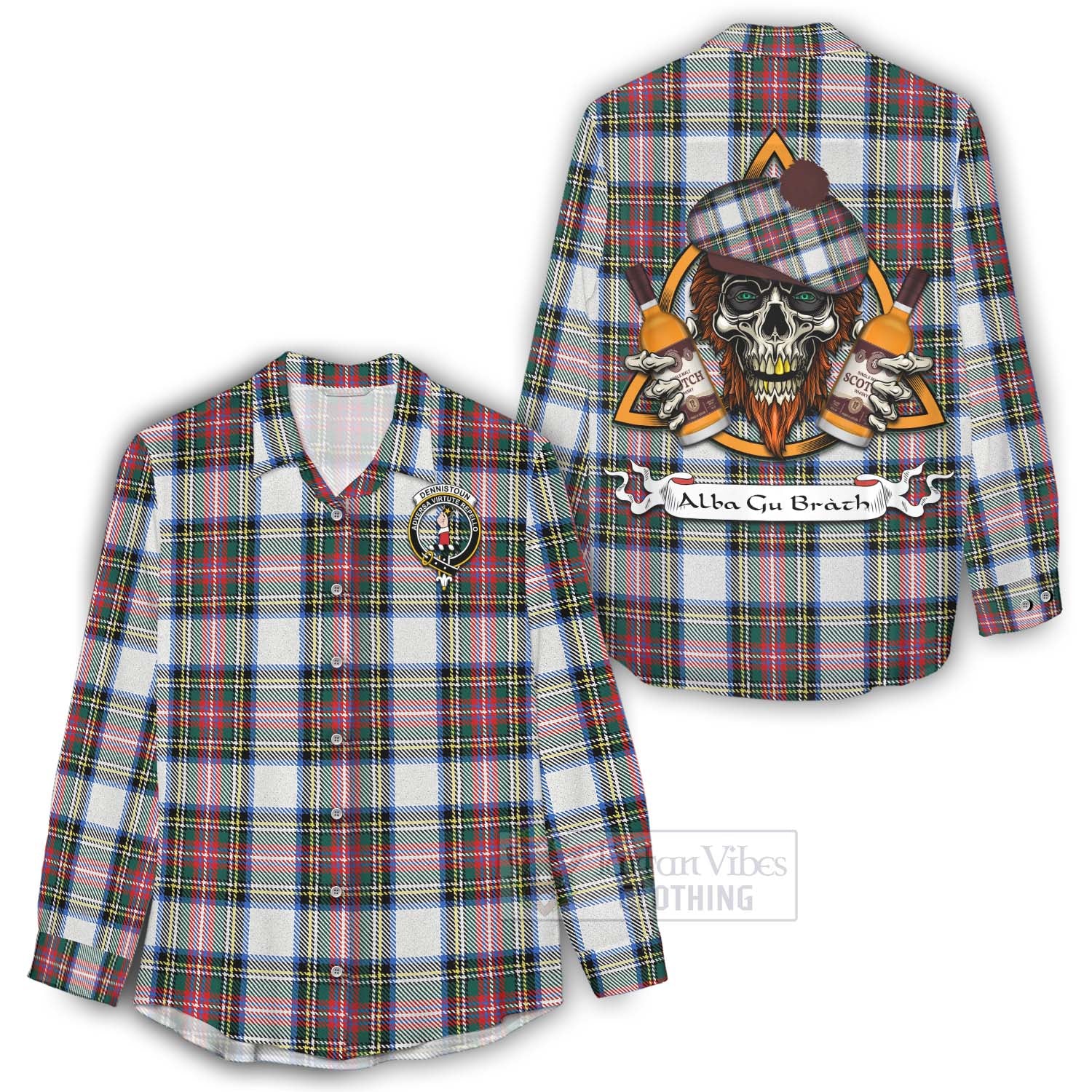 Tartan Vibes Clothing Dennistoun Tartan Women's Casual Shirt with Family Crest and Bearded Skull Holding Bottles of Whiskey