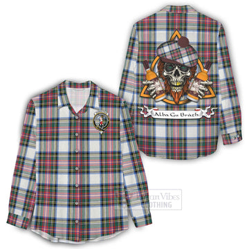 Dennistoun Tartan Women's Casual Shirt with Family Crest and Bearded Skull Holding Bottles of Whiskey