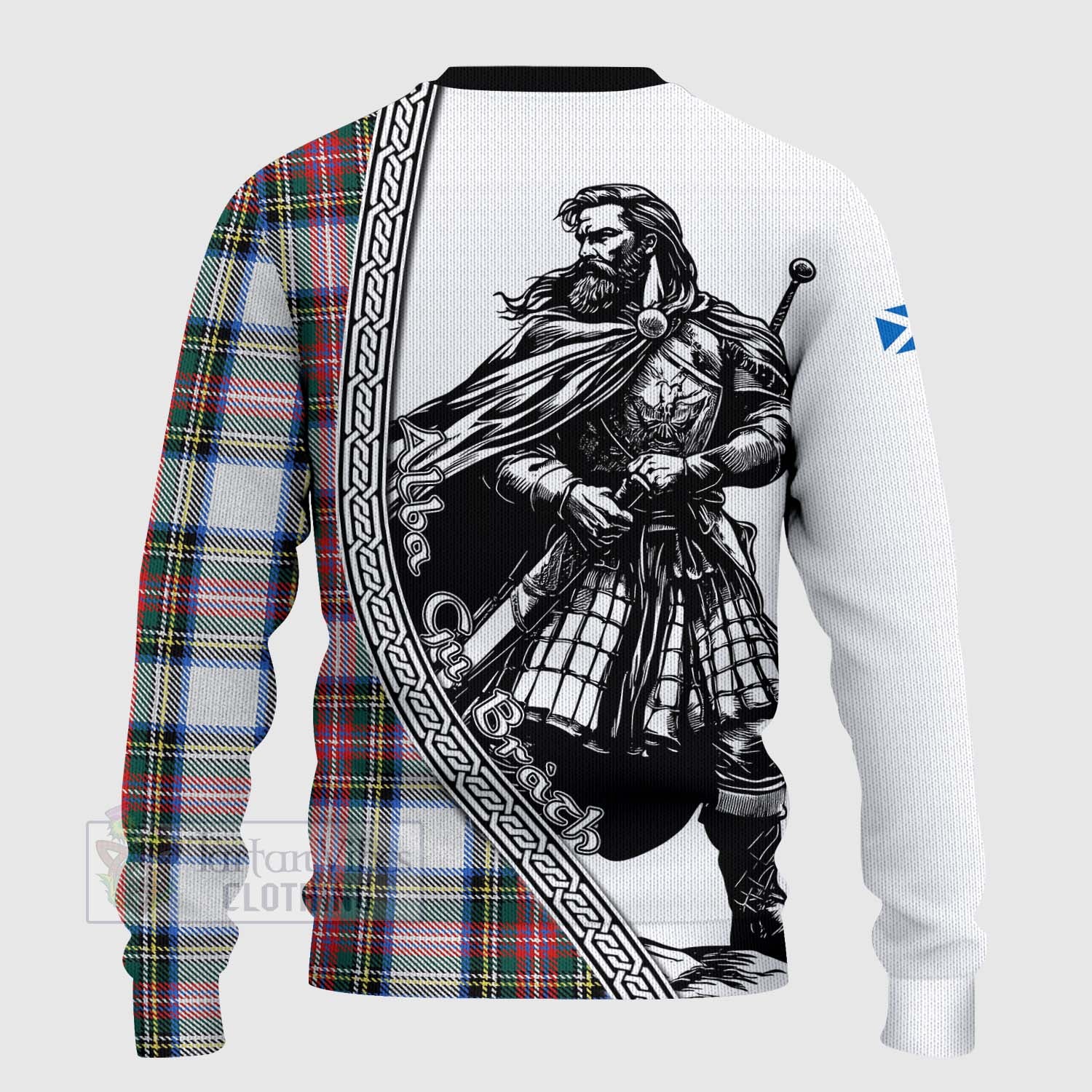 Tartan Vibes Clothing Dennistoun Tartan Clan Crest Knitted Sweater with Highlander Warrior Celtic Style