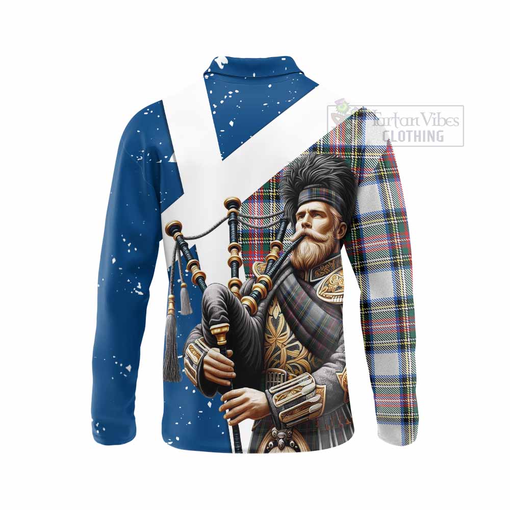 Tartan Vibes Clothing Dennistoun Tartan Long Sleeve Polo Shirt with Family Crest Scottish Bagpiper Vibes