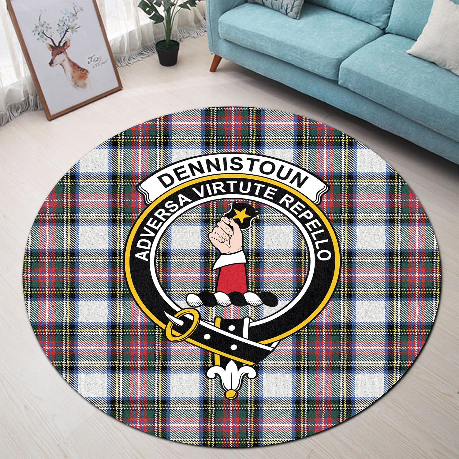 Dennistoun Tartan Round Rug with Family Crest - Tartanvibesclothing