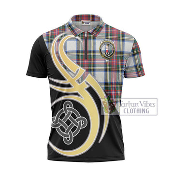 Dennistoun Tartan Zipper Polo Shirt with Family Crest and Celtic Symbol Style