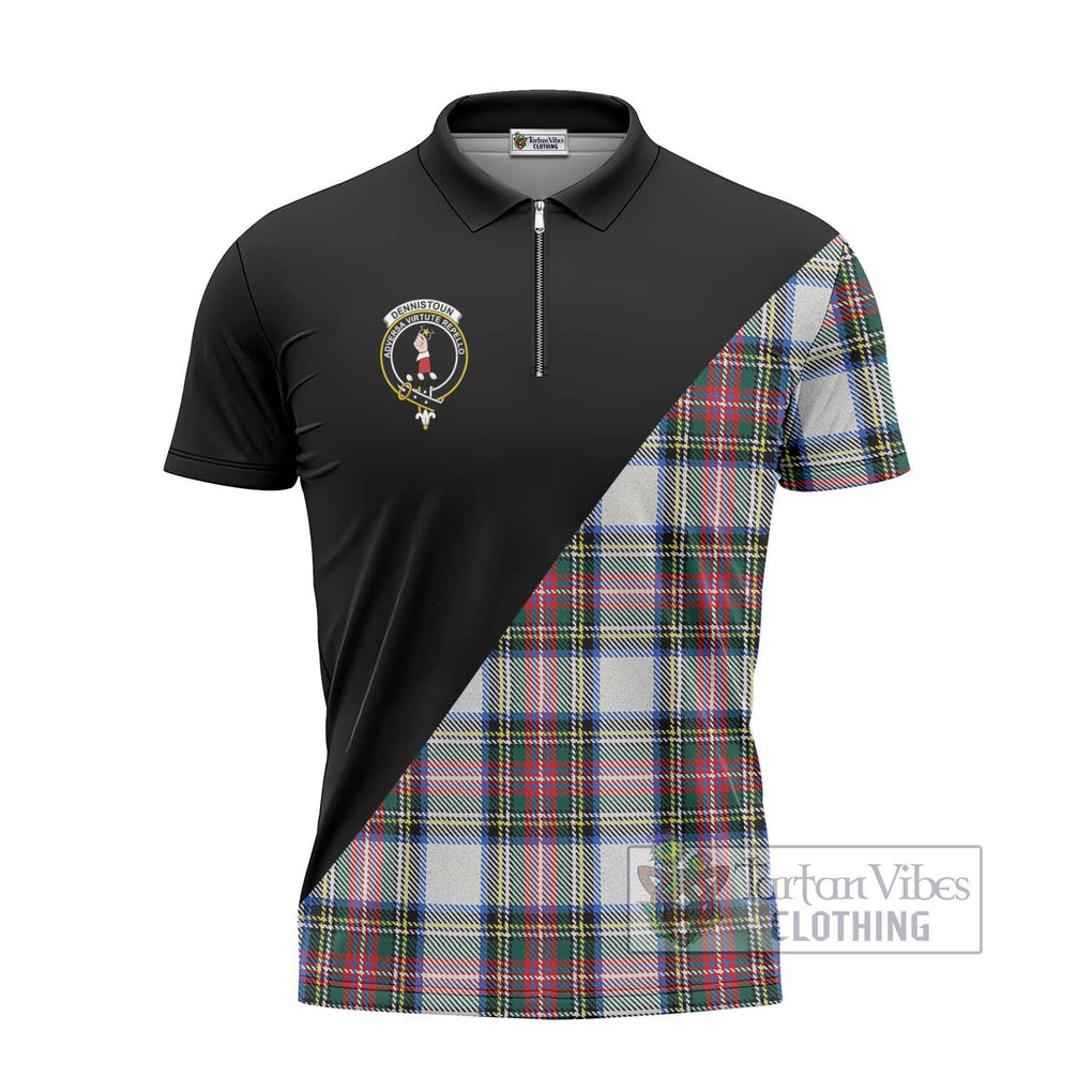 Dennistoun Tartan Zipper Polo Shirt with Family Crest and Military Logo Style - Tartanvibesclothing Shop