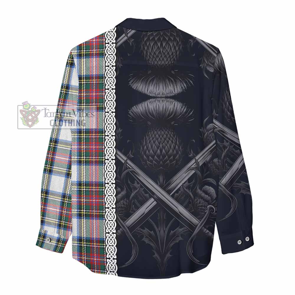 Tartan Vibes Clothing Dennistoun Tartan Women's Casual Shirt with Family Crest Cross Sword Thistle Celtic Vibes