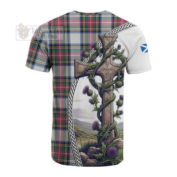 Dennistoun Tartan Cotton T-shirt with Family Crest and St. Andrew's Cross Accented by Thistle Vines - Tartan Vibes Clothing