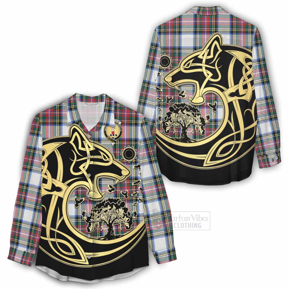 Tartan Vibes Clothing Dennistoun Tartan Women's Casual Shirt with Family Crest Celtic Wolf Style