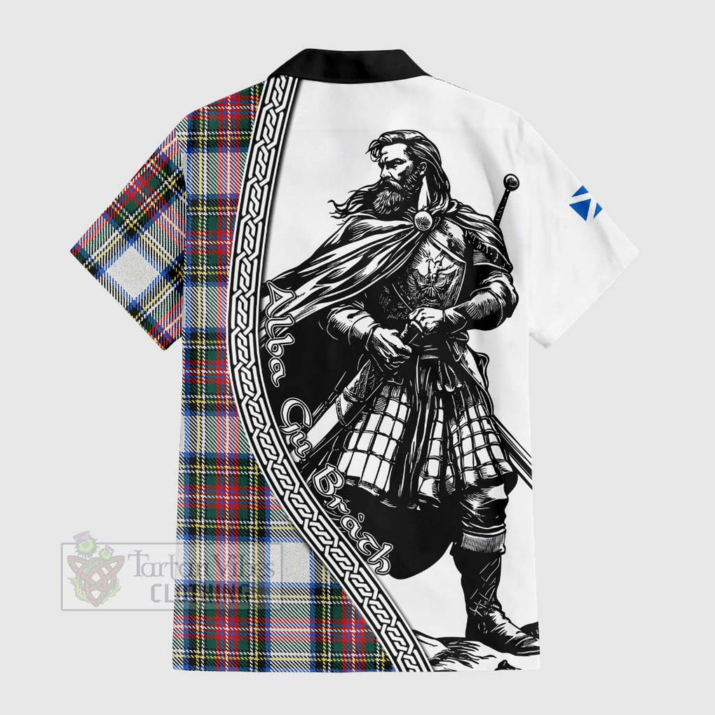 Tartan Vibes Clothing Dennistoun Tartan Clan Crest Short Sleeve Button Shirt with Highlander Warrior Celtic Style