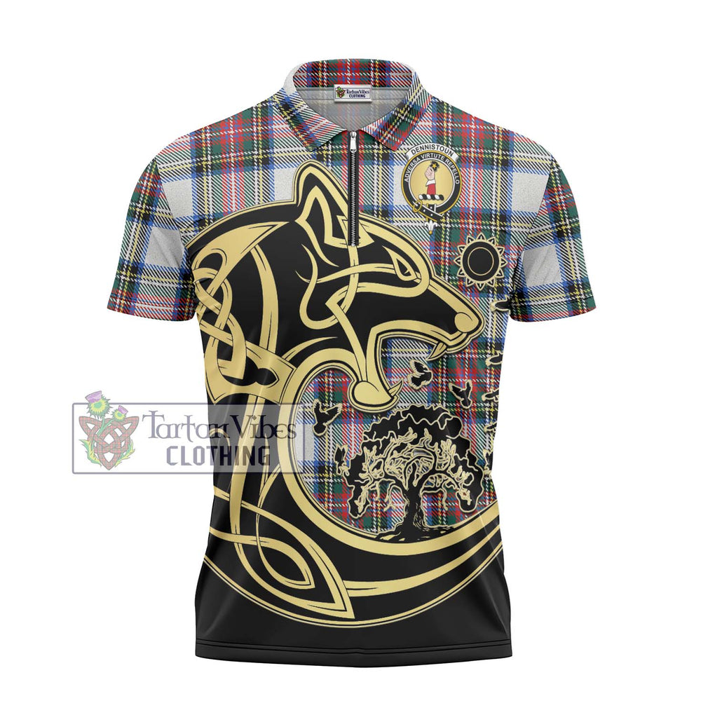 Dennistoun Tartan Zipper Polo Shirt with Family Crest Celtic Wolf Style - Tartanvibesclothing Shop