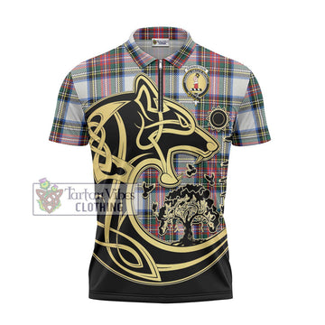 Dennistoun Tartan Zipper Polo Shirt with Family Crest Celtic Wolf Style