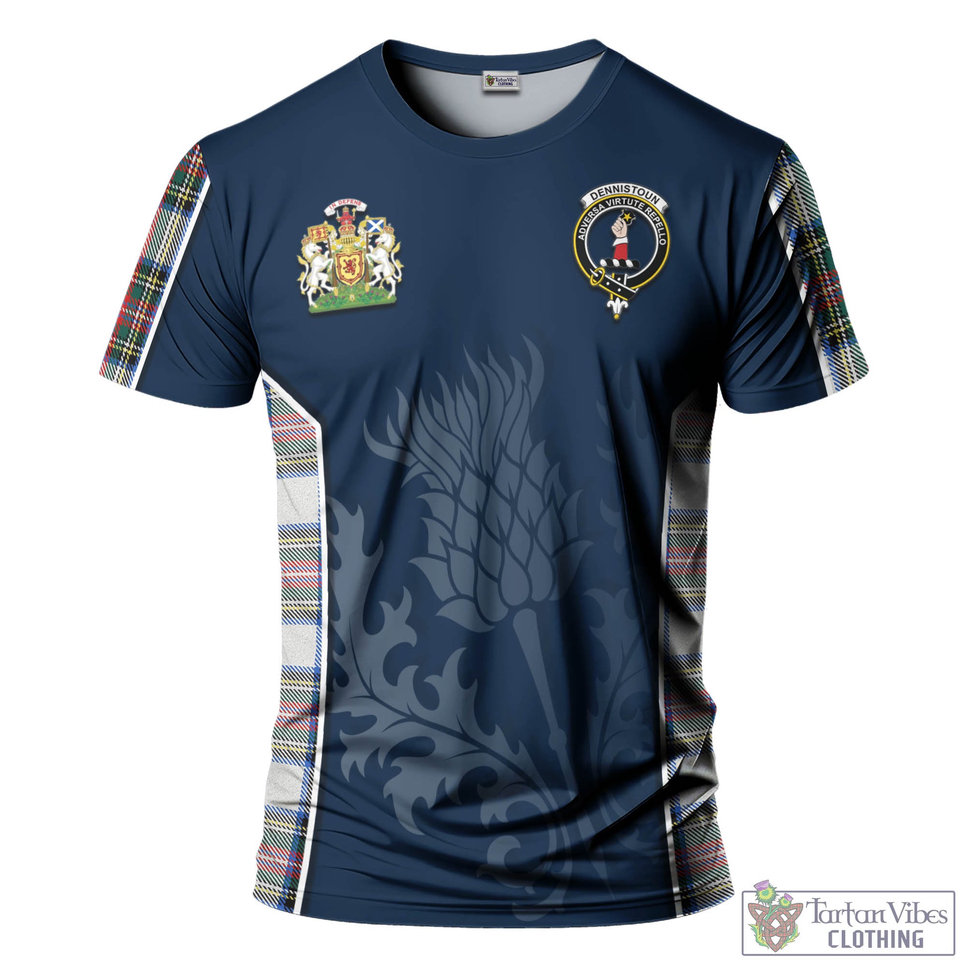 Tartan Vibes Clothing Dennistoun Tartan T-Shirt with Family Crest and Scottish Thistle Vibes Sport Style