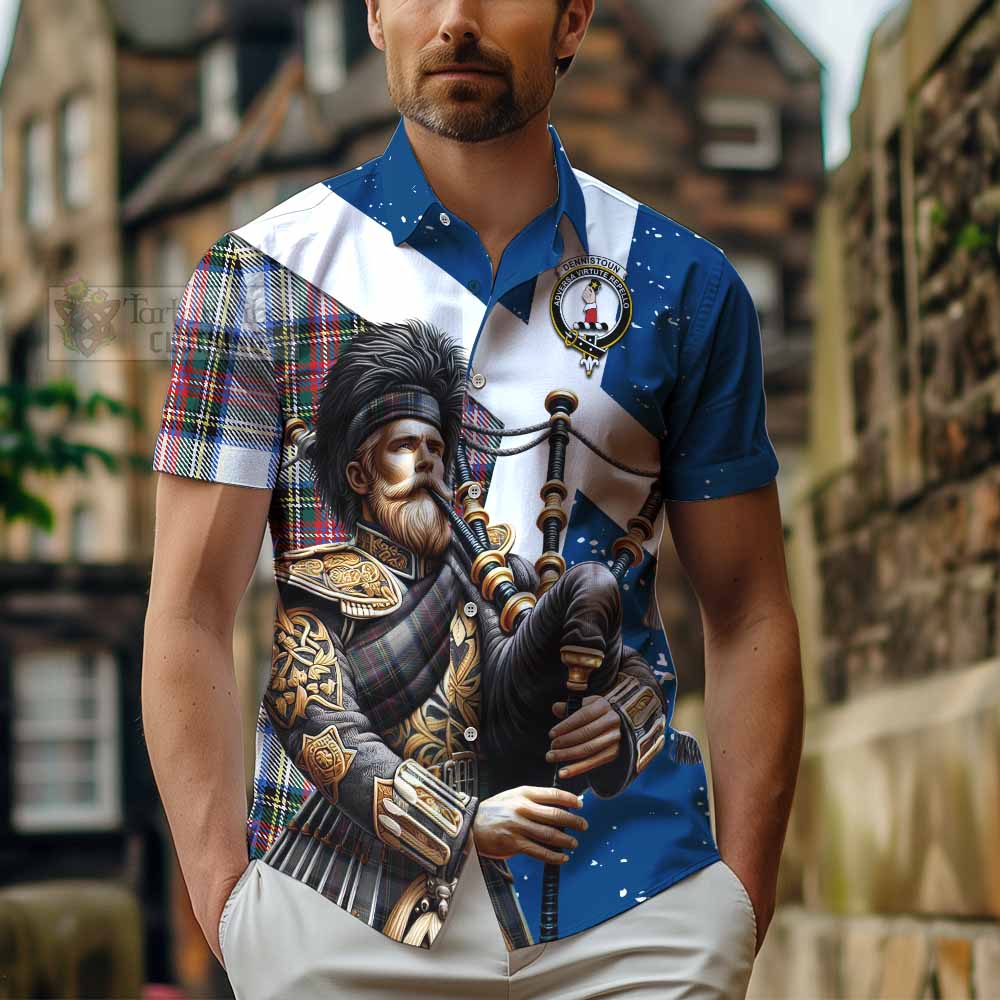 Tartan Vibes Clothing Dennistoun Tartan Short Sleeve Button Shirt with Family Crest Scottish Bagpiper Vibes