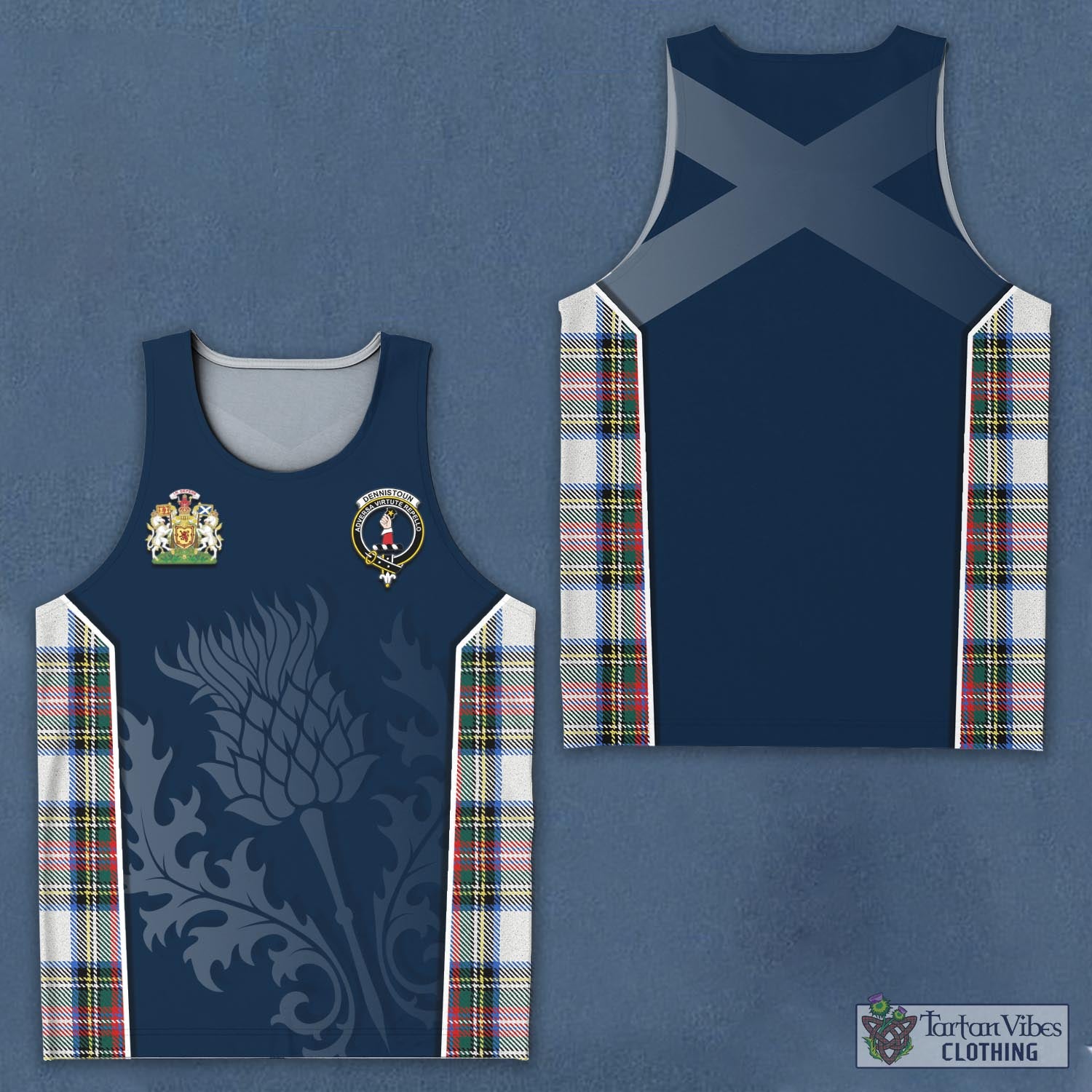 Tartan Vibes Clothing Dennistoun Tartan Men's Tanks Top with Family Crest and Scottish Thistle Vibes Sport Style