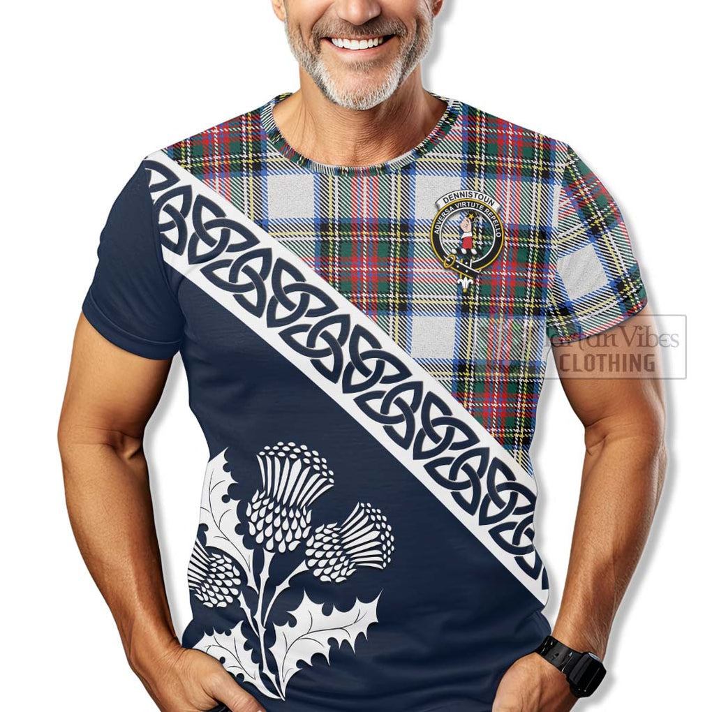 Dennistoun Tartan T-Shirt Featuring Thistle and Scotland Map