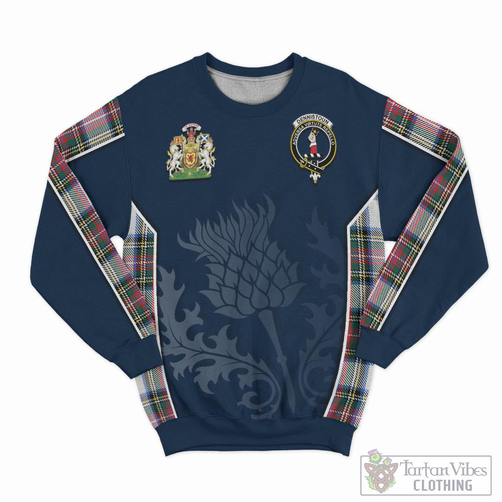 Tartan Vibes Clothing Dennistoun Tartan Sweatshirt with Family Crest and Scottish Thistle Vibes Sport Style