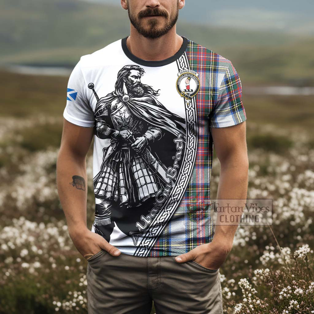 Tartan Vibes Clothing Dennistoun Tartan Clan Crest T-Shirt with Highlander Warrior Celtic Style