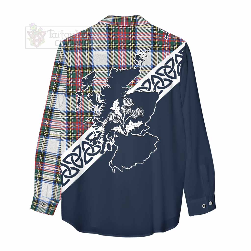 Tartan Vibes Clothing Dennistoun Tartan Women's Casual Shirt Featuring Thistle and Scotland Map