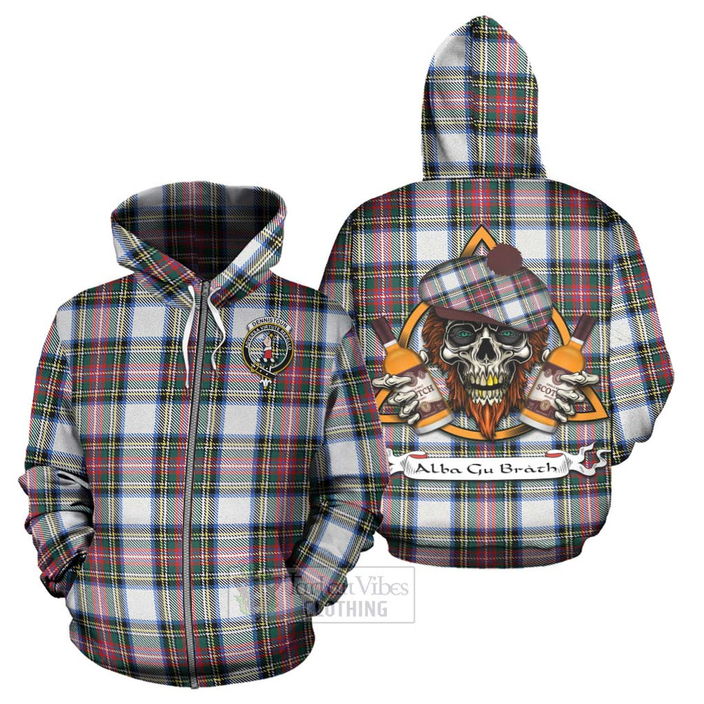 Tartan Vibes Clothing Dennistoun Tartan Hoodie with Family Crest and Bearded Skull Holding Bottles of Whiskey