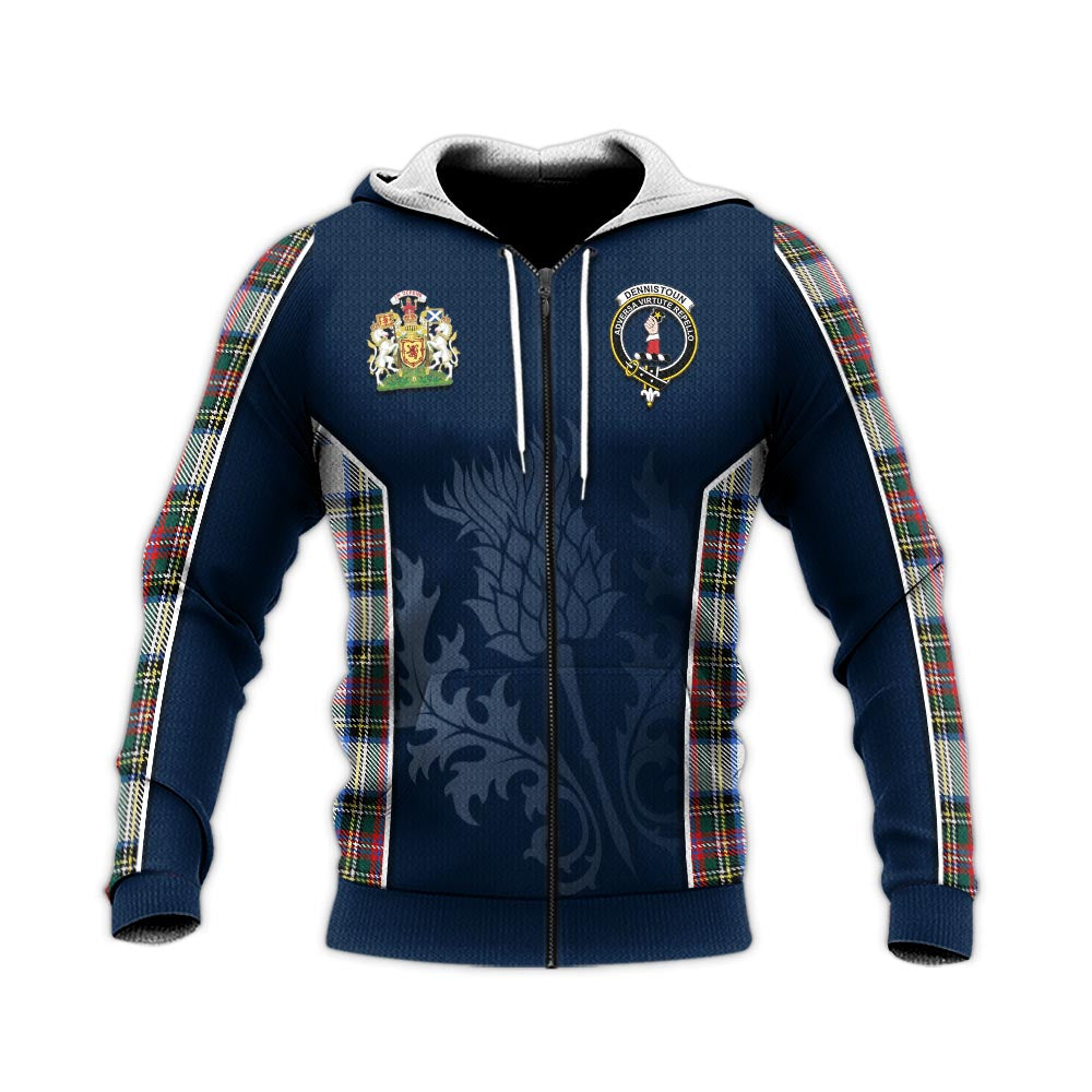 Tartan Vibes Clothing Dennistoun Tartan Knitted Hoodie with Family Crest and Scottish Thistle Vibes Sport Style