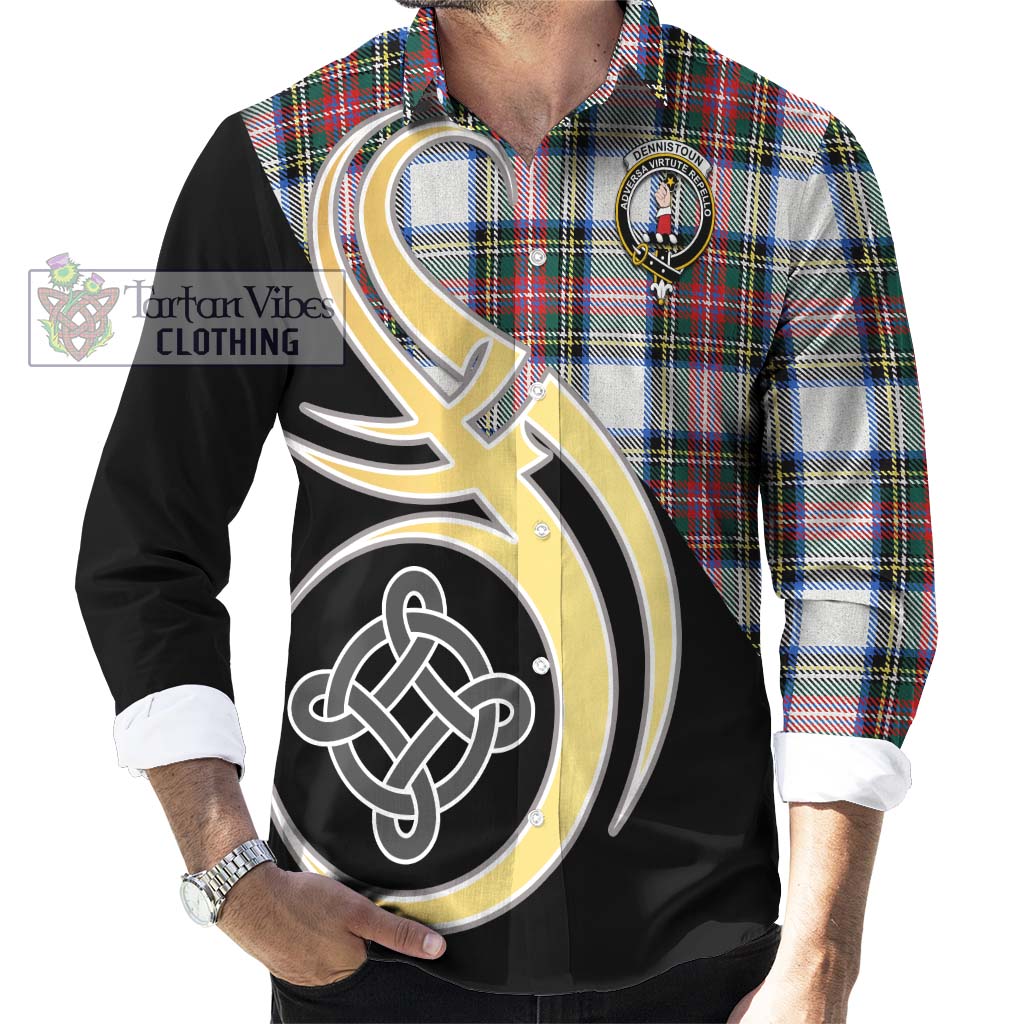 Dennistoun Tartan Long Sleeve Button Shirt with Family Crest and Celtic Symbol Style - Tartan Vibes Clothing