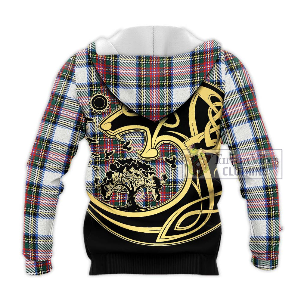 Dennistoun Tartan Knitted Hoodie with Family Crest Celtic Wolf Style - Tartan Vibes Clothing