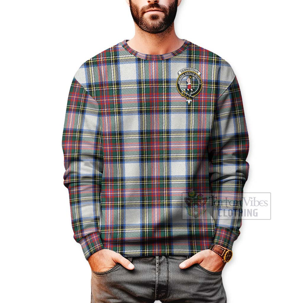 Tartan Vibes Clothing Dennistoun Tartan Sweatshirt with Family Crest and Bearded Skull Holding Bottles of Whiskey