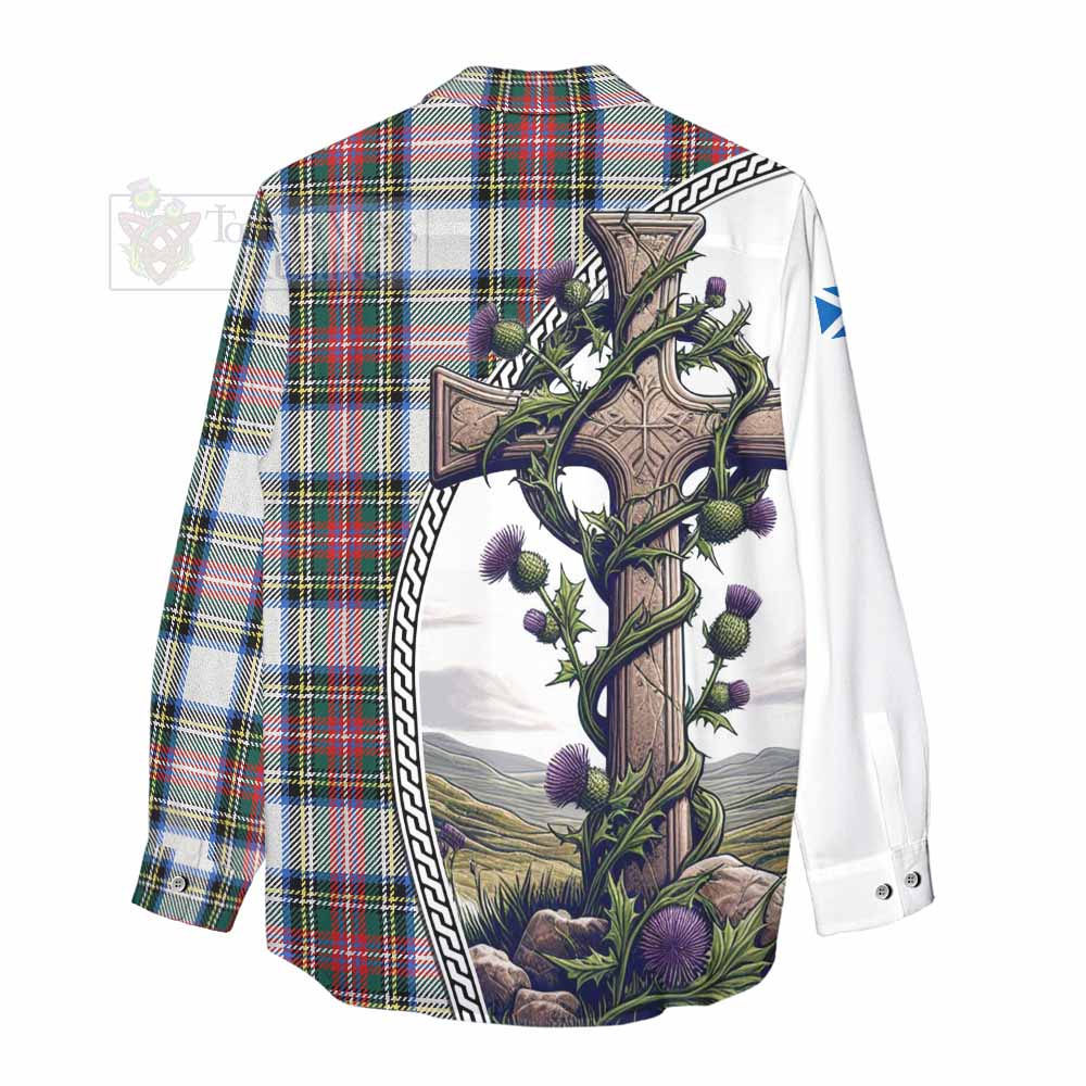 Tartan Vibes Clothing Dennistoun Tartan Women's Casual Shirt with Family Crest and St. Andrew's Cross Accented by Thistle Vines