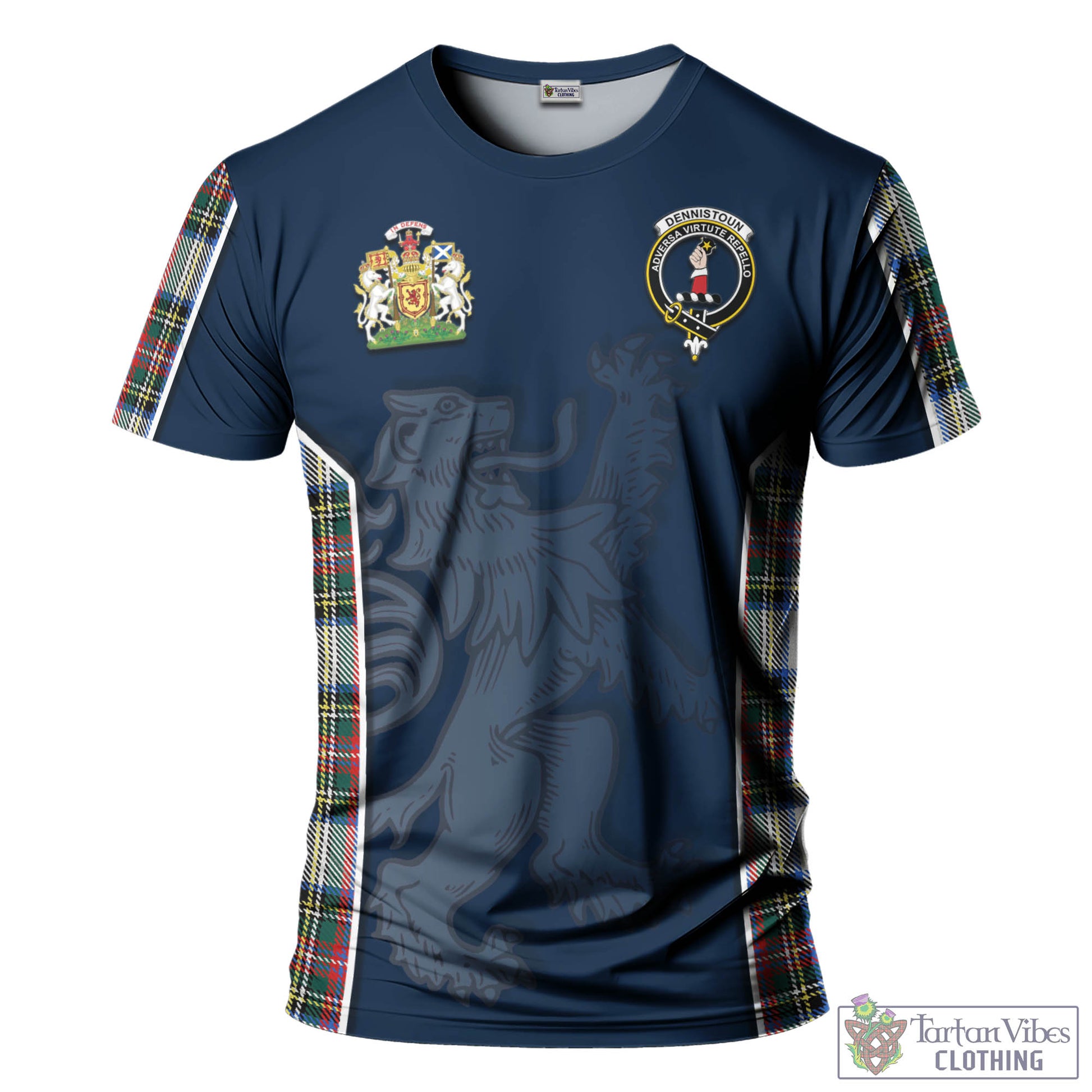 Tartan Vibes Clothing Dennistoun Tartan T-Shirt with Family Crest and Lion Rampant Vibes Sport Style