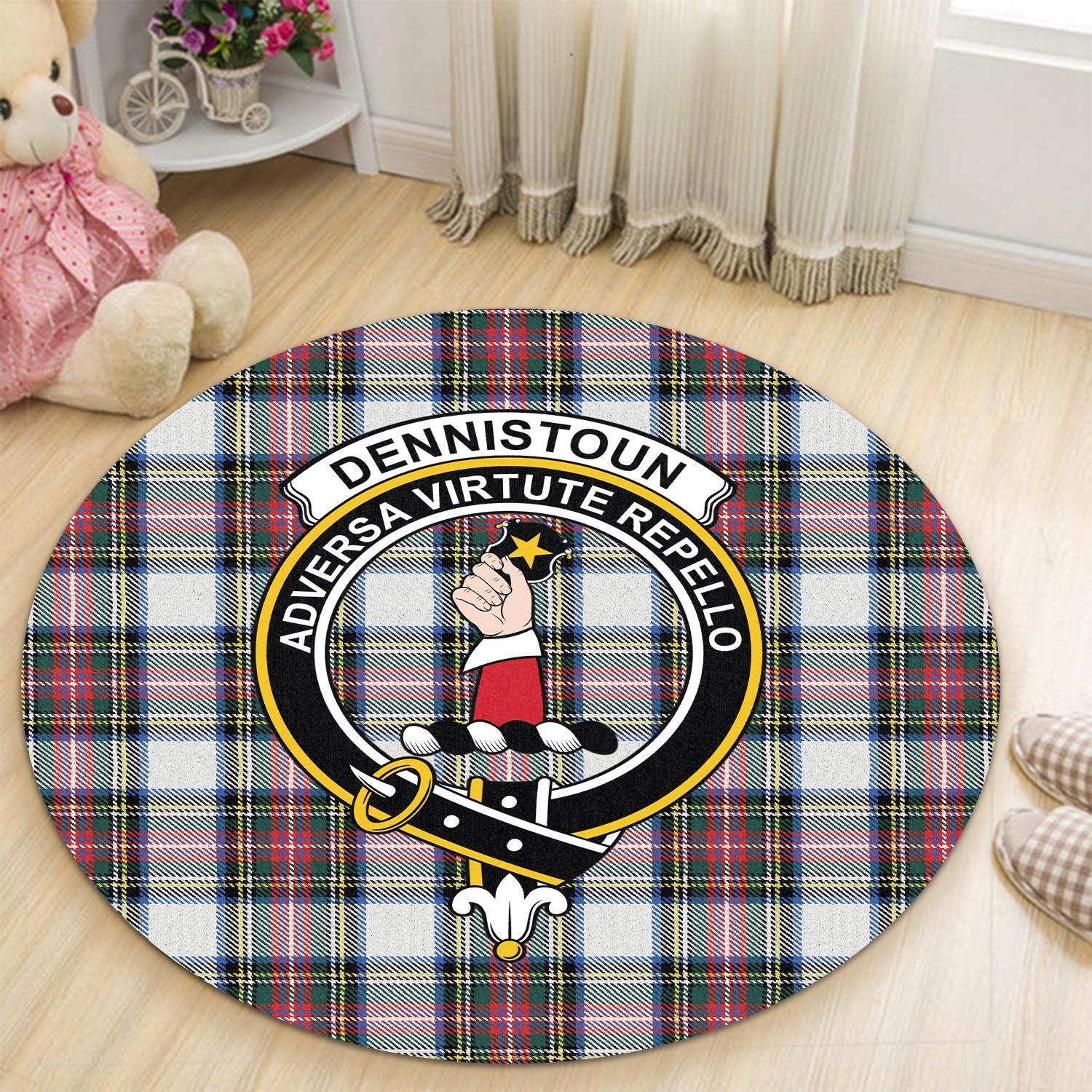 Dennistoun Tartan Round Rug with Family Crest - Tartanvibesclothing