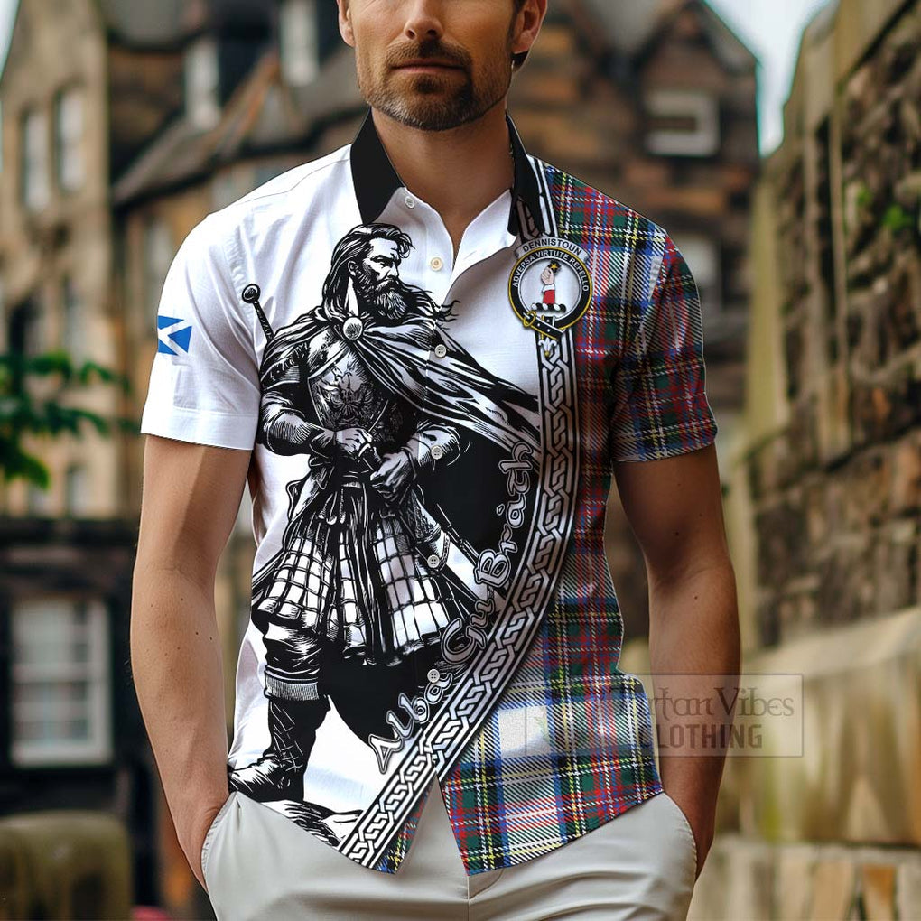 Tartan Vibes Clothing Dennistoun Tartan Clan Crest Short Sleeve Button Shirt with Highlander Warrior Celtic Style