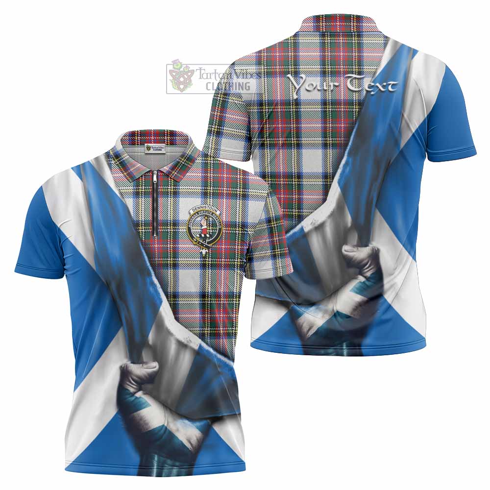 Tartan Vibes Clothing Dennistoun Tartan Zipper Polo Shirt with Family Crest Scotland Patriotic Style