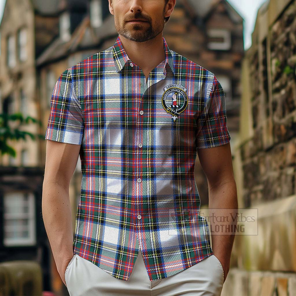 Tartan Vibes Clothing Dennistoun Tartan Short Sleeve Button Shirt with Family Crest Celtic Skull Style