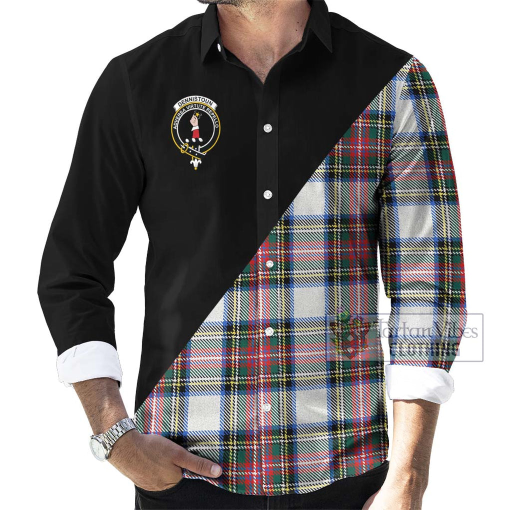 Dennistoun Tartan Long Sleeve Button Shirt with Family Crest and Military Logo Style - Tartanvibesclothing Shop